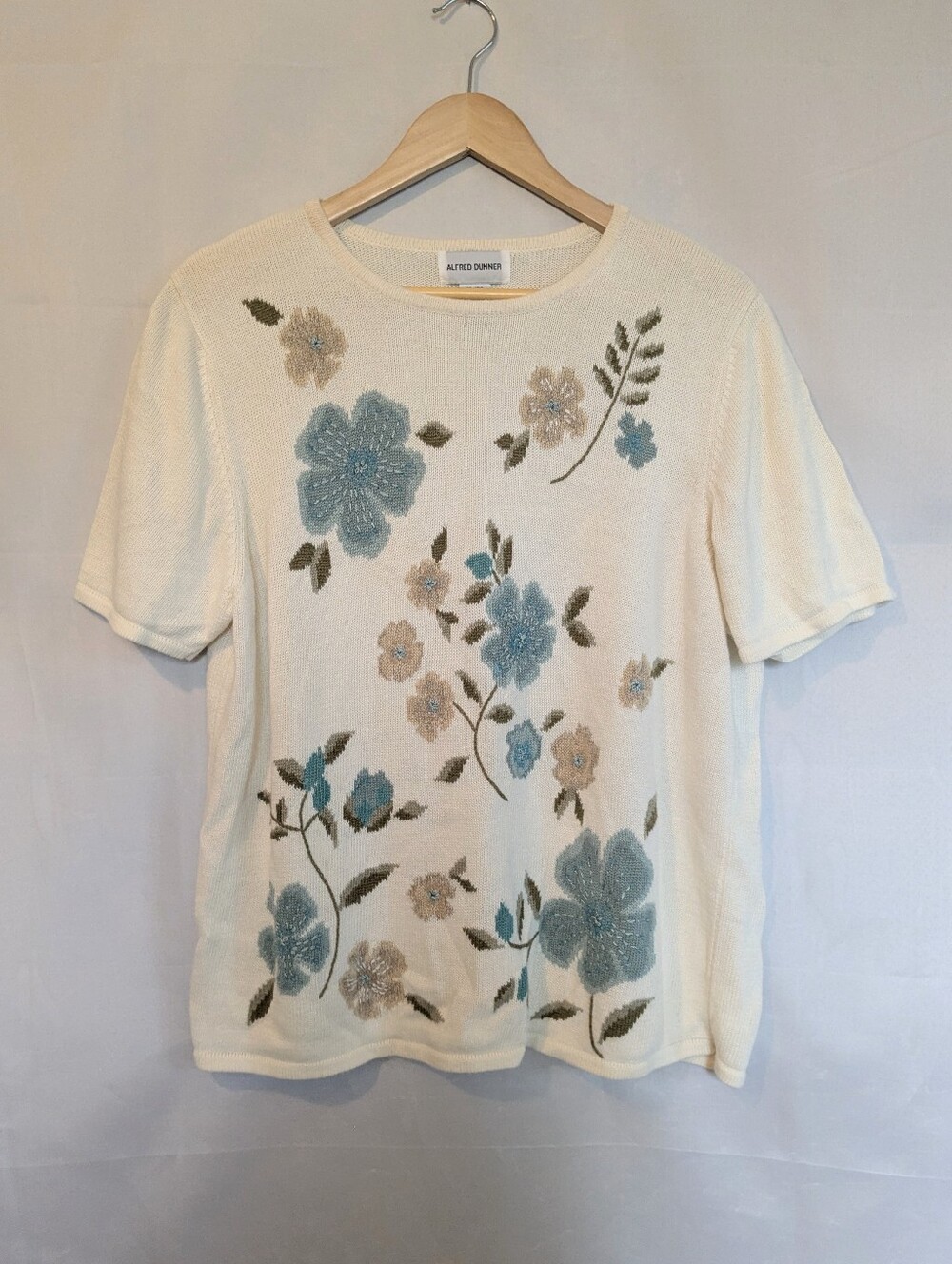 Vintage Alfred Dunner Knit Sweater Short Sleeve Embroidered Beaded Cream XL Top
